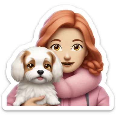Woman with red hair and blue eyes wearing pink winter clothes holding a small white dog with fluffy fur  sticker