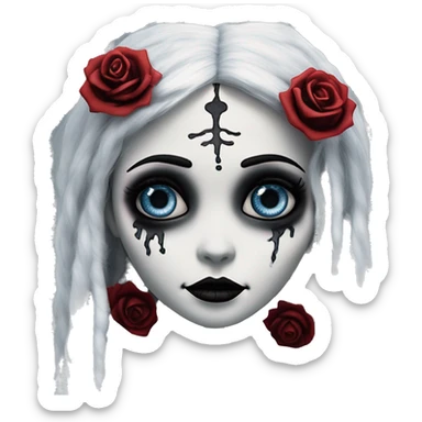 full height skeleton, tim burton "corpse bride", thin porcelain doll with a cracked face, goth makeup watery eyes, long hair, lace and ruffles, lolita style, inked, black and white, red roses, gothic castle with roses sticker