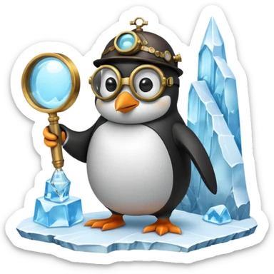 a steampunk engineer penguin analysing a matrix-like data stream descending from the sky, with a magnifying glass on top of an iceberg sticker