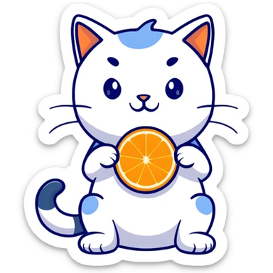Cartoon orange cat eating an orange fruit that has a cat face on it sticker