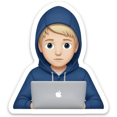 generate a beatiful boy with a macbook and wearing a dark blue hoodie with a headline IONOS ( in white)  sticker