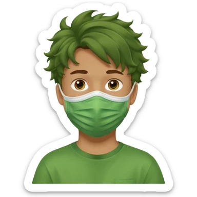 A teenage boy, tanned, wearing a green t-shirt , blue jeans and green sneakers with brown wavy tousled hair, , wearing a green cloth face mask sticker