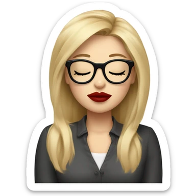 White girl, blonde hair, eyes closed, red lipstick,  wearing glasses kisses Yorkshire terrier  sticker