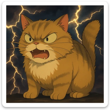Add a dramatic lightning background behind the angry cat, keep the ghibli style. sticker