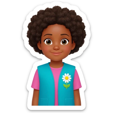 5 year old, fair skinned african american girl, in a blue Daisy Girl Scout vest with the Daisy logo included on her vest sticker