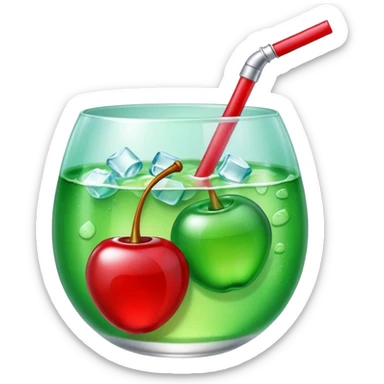 Create an emoji with a very clear rounded glass and ice, bright transparent green soda , a smooth vanilla scoop circle shape, a glossy red cherry, using vibrant colors, soft shading, and clear glass highlights.
 sticker