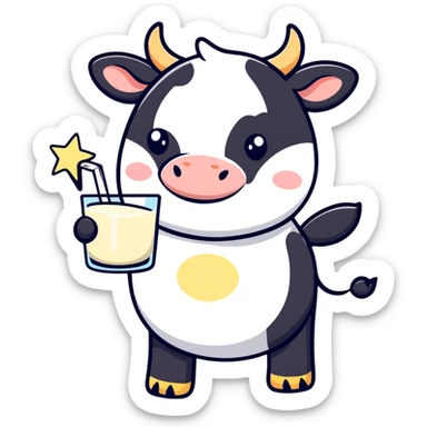 A dreamy cow with stars around it, soft eyes, and flowing milk lines sticker