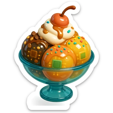 Add extra toppings: chocolate chips, caramel drizzle, chopped nuts, and colorful sprinkles to the 3D glossy ice cream sundae. Keep the glass dish, whipped cream, and cherry on top. No background. sticker