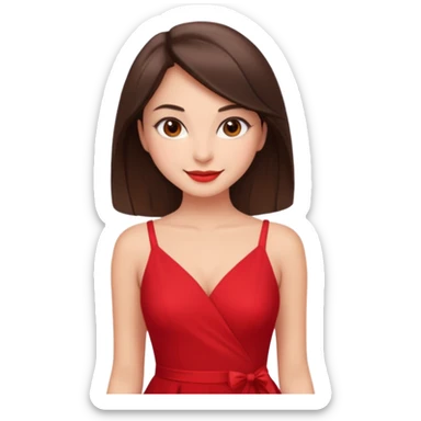 Cartoon emoji of a young brunette woman with fair-medium skin, brown eyes, wearing a red outfit. Full-height, standing confidently in a red dress  posing sexy with a smile and relaxed posture. Smooth, friendly, stylized, make up on, flirty eyes and smile in a sexy position  sticker