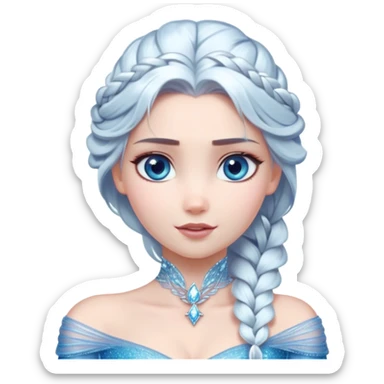 Cinematic Stunning Elsa Portrait Emoji, Ice-blue gown shimmering, platinum hair flowing in a graceful braid, piercing blue eyes glowing with icy magic, an aura of regal power and breathtaking beauty, frozen elegance at its finest! sticker