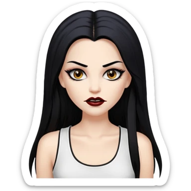 White woman with a white tank top long black hair glossy middle part straight long hair vamp look with fangs brown eyes eyeliner winged with lashes top and bottom white border big lips black eyebrows sticker