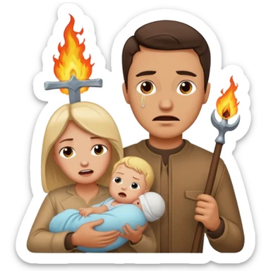  woman being burned in front of a very handsome man carrying a baby sticker