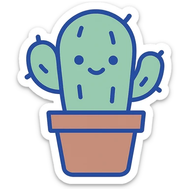 green cactus in a small brown pot with a cute face, clean modern illustration style sticker