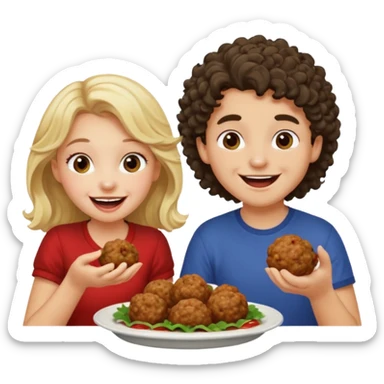 Ragazza bionda leggermente mossa che ride ad un ragazzo con i capelli ricci scuri mentre mangia polpette sticker