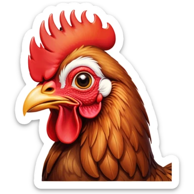 Cinematic Cute Brown Rooster Portrait Emoji, Head tilted playfully and inquisitively, featuring a glossy, immaculate brown plumage with a vibrant red comb, round, sparkling warm eyes filled with curiosity, Simplified yet irresistibly adorable features, highly detailed, glowing with a warm, friendly glow, high shine, affectionate and spirited, stylized with a touch of farmyard whimsy, bright and endearing, soft glowing outline, capturing the essence of a mischievous yet loving rooster, so playful it feels like it could strut out of the screen and into your arms! sticker