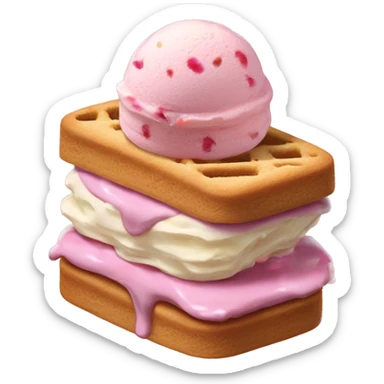 a ice cream sandwich with a vanilla confetti cookie and strawberry ice cream in the inside sticker