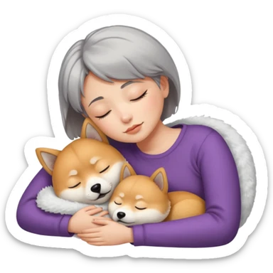 Create a short hair gray hair girl sleeping cuddling a shiba sticker