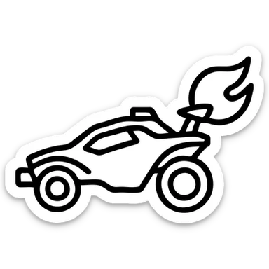 minimalistic Twitch subscriber badge, simplified Octane car silhouette from Rocket League with bold upward boost flames from rear, clean lines, solid shapes, no fine details or gradients, sleek modern style, optimized for small sizes, boost flames vibrant orange and blue with high contrast and thick outline, simplified but instantly recognizable Octane shape sticker