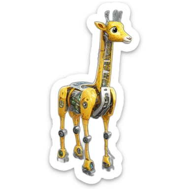 Una girafa robotica con patrones de circuitos brillantes en su piel, piernas con juntas móviles y piezas de metal relucientes sticker