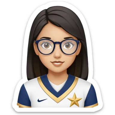 Medium skin girl wearing black prescription glasses with cheer uniform in the color navy white and gold. Saying STARS on uniform top.  sticker