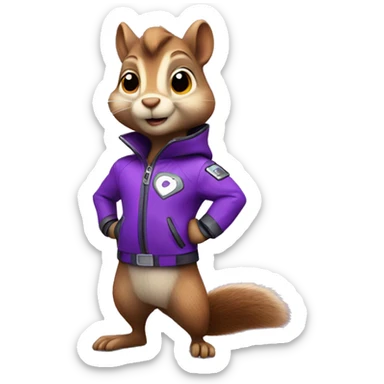 cute cartoon squirrel, wearing a purple super hero jacket with G sticker
