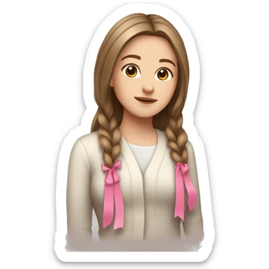 white girl, cardigan white, long straight brown hair, pink ribbon  sticker