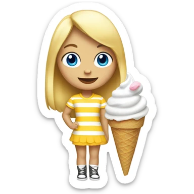 Girl with blonde hair, blue eyes, yellow striped shirt, holding vanilla ice cream cone sticker