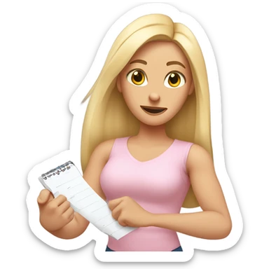 White woman with long blonde hair, wearing a light pink shirt, showing off a completed to do list in one hand, and flexing the muscles in her other arm sticker