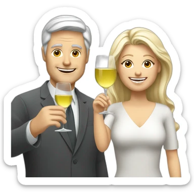 white man with grey hair  and white woman with blond hair toasting with two white wine sticker