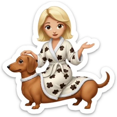 A blonde curvy woman riding on top of a dachshund wearing a robe sticker