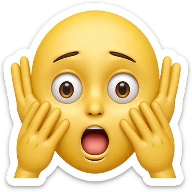 A 3D glossy yellow emoji of a shocked horrified face, with mouth and eyes are wide open, eyebrows  raised, and hands against their cheeks, face has no nose, black background, high quality, soft studio lighting sticker