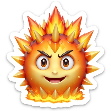 A single spiky crystal rock character, compact and round with many chunky flame-like spikes, glowing red–orange–yellow gradient like fire, faceted crystal texture, cute face with big shiny eyes and excited smile, sticker