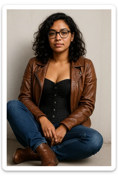 A woman with light brown skin, wavy black hair, and square-shaped glasses. She wears a black corset dress with a brown leather jacket, blue jeans, and brown ankle boots, sitting casually. sticker