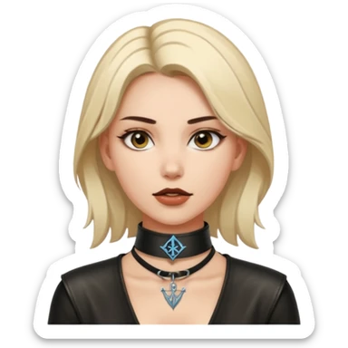 Leather choker with sigil around woman’s neck, pulse visible, dominance tone sticker