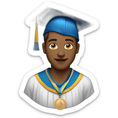 a man with a champion medal on his chest and a graduate hat sticker