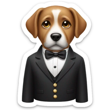 a dog wearing a tuxedo while holding a soda sticker