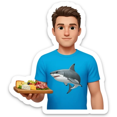 a handsome man wearing a t-shirt with a shark image on it.  He's holding great food on his left hand sticker