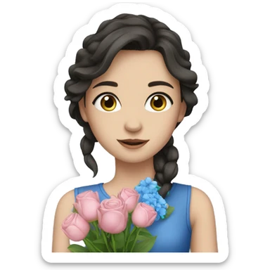 European Girl with dark hair and blue eyes with bouquet  sticker