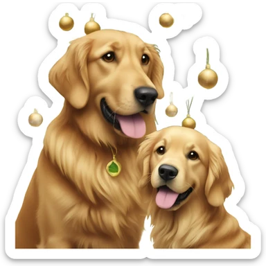 Two men and golden retriever next to Christmas tree sticker