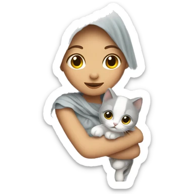 A veil girl is holding a gray white kitten sticker