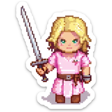 Minecraft character, pixel art style, blocky figure with blonde hair and pink shirt, holding a sword sticker