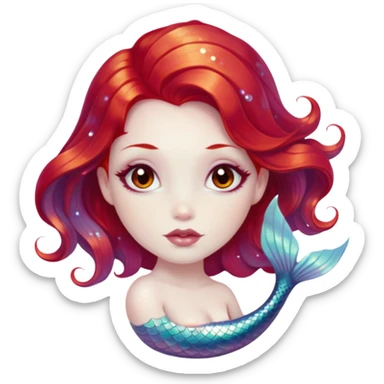 Cinematic Realistic Red Hair Mermaid Portrait, depicted with lifelike porcelain white skin that glows with an ethereal radiance, enhanced by soft underwater lighting. Her intricately detailed, flowing red hair cascades like liquid fire, framing deep, soulful eyes that mirror the mysteries of the deep sea. Accented by shimmering, iridescent scales and delicate aquatic embellishments, the portrait features an enchanting underwater glow that marries realism with mythic ocean elegance. sticker