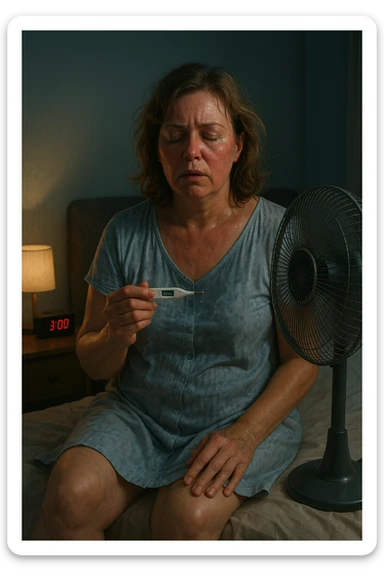 50-year-old woman sitting on bed at 3AM, nightgown soaked in sweat, face flushed as she holds thermometer showing 37.8°C, fan blowing directly on her sticker