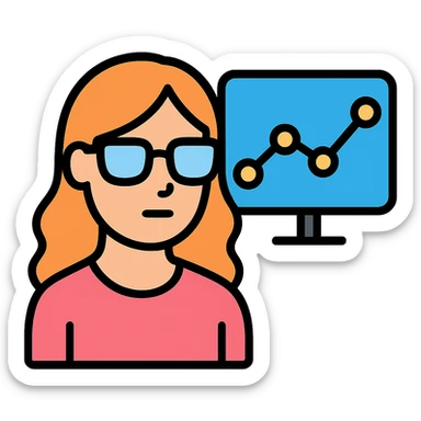A woman wearing glasses and looking at data, in color outline icon style, with no background. sticker