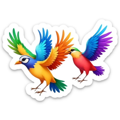 Three colorful birds flying together in the sky, each with vibrant feathers, wings spread wide, moving in harmony and creating a lively, joyful scene sticker