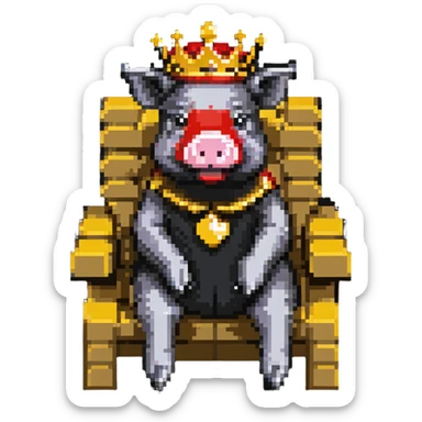 LEGO style pixel art pig with a golden crown sitting on a throne, classic LEGO brick shapes and studs, bright colors, simple and blocky sticker