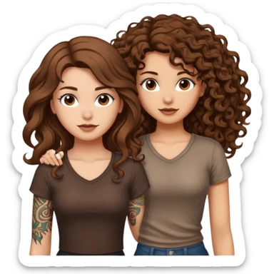 formula drawing — long wavy brown hair tattooed woman and short tight curly brown hair woman — rune sketch ground sticker