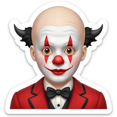 Crea un payaso con cara blanca sin pelo con cuernos negros y un traje rojo con negro sticker