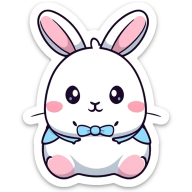 A chubby bunny character in exact Sanrio style like Kuromi and Cinnamoroll, ultra cute, super simplified kawaii design, oversized head on tiny body, rosy cheeks, small dot eyes, simple bow, pastel pink and soft blue colors, pure white face, thick black outline sticker