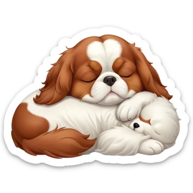 Cinematic Chubby Sleeping Cavalier King Charles Spaniel Portrait Emoji, Chubby and serene, with a round, endearing build and a plush, silky coat of rich chestnut and white, eyes gently closed in peaceful slumber, Simplified yet irresistibly endearing features, highly detailed, glowing with a gentle, dreamy glow, high shine, relaxed and content, stylized with a touch of whimsy, bright and heartwarming, soft glowing outline, capturing the essence of a blissfully sleepy companion, so comically serene it feels like it could roll out of the screen and snore with adorable charm! sticker